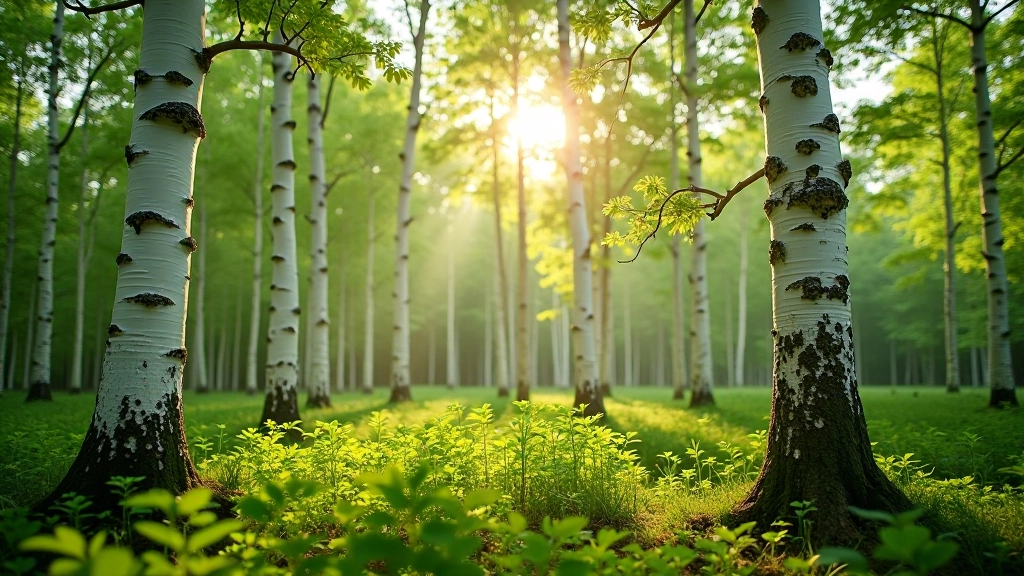 Birch tree forest with white bark and thin branches in sunlight