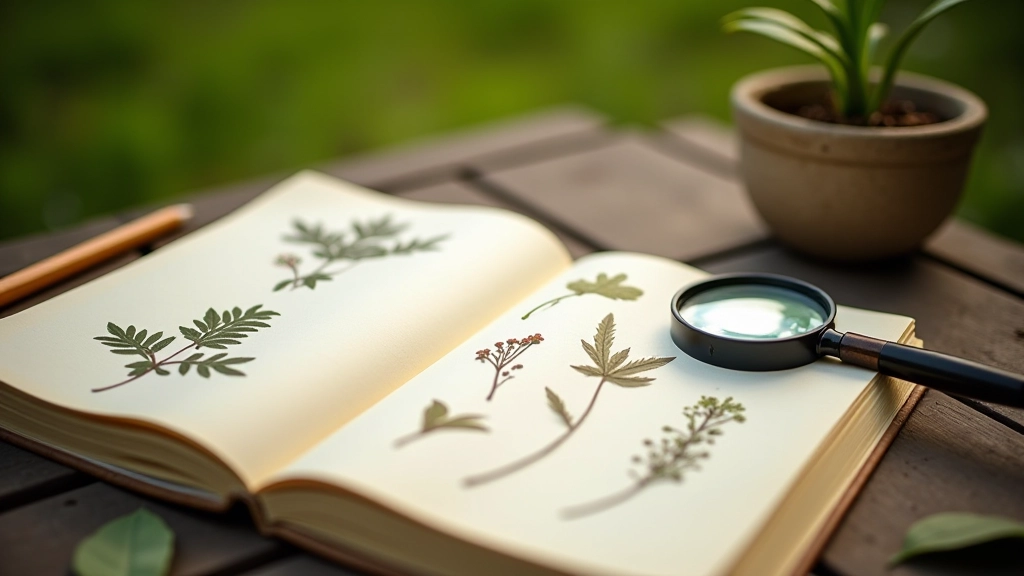 Botanist's notebook with pressed plant samples and magnifying glass on wooden table