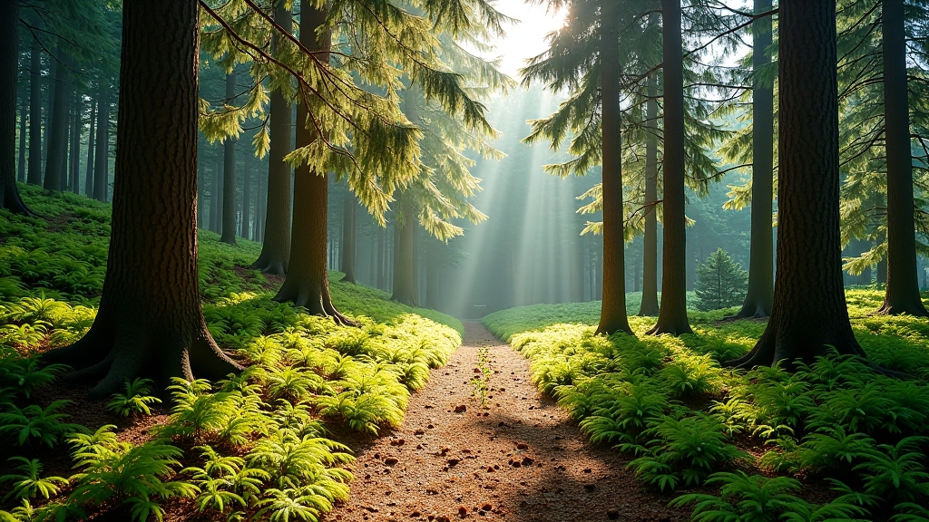 Pine and spruce forest with coniferous trees and forest floor covered with needles