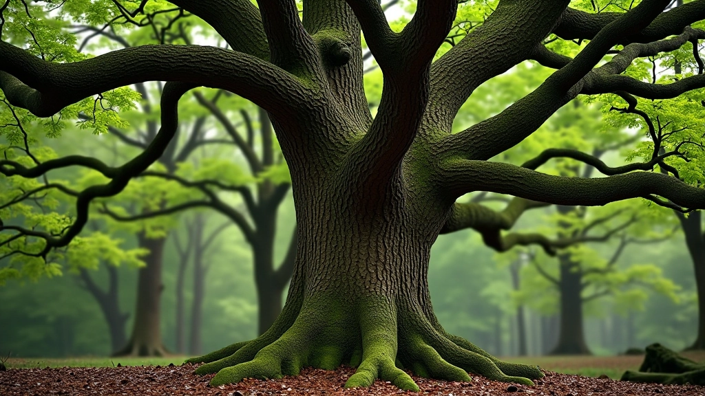 Ancient oak tree with thick trunk and spreading branches in forest clearing, moss on bark visible